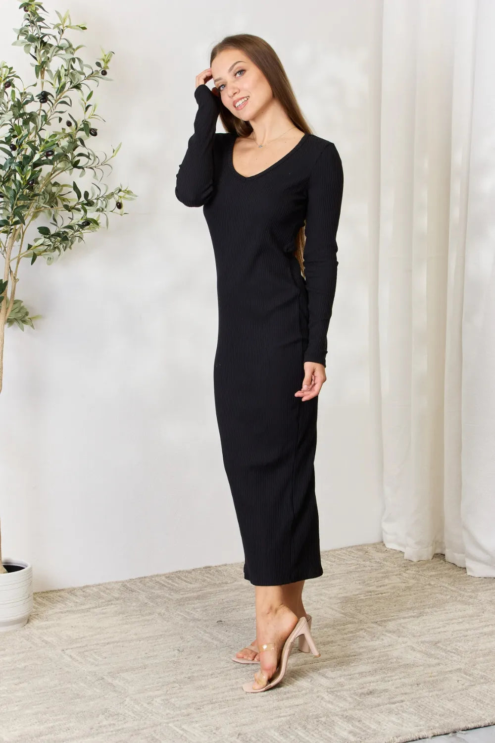 Ribbed Long Sleeve Midi Slit Dress – photo 6