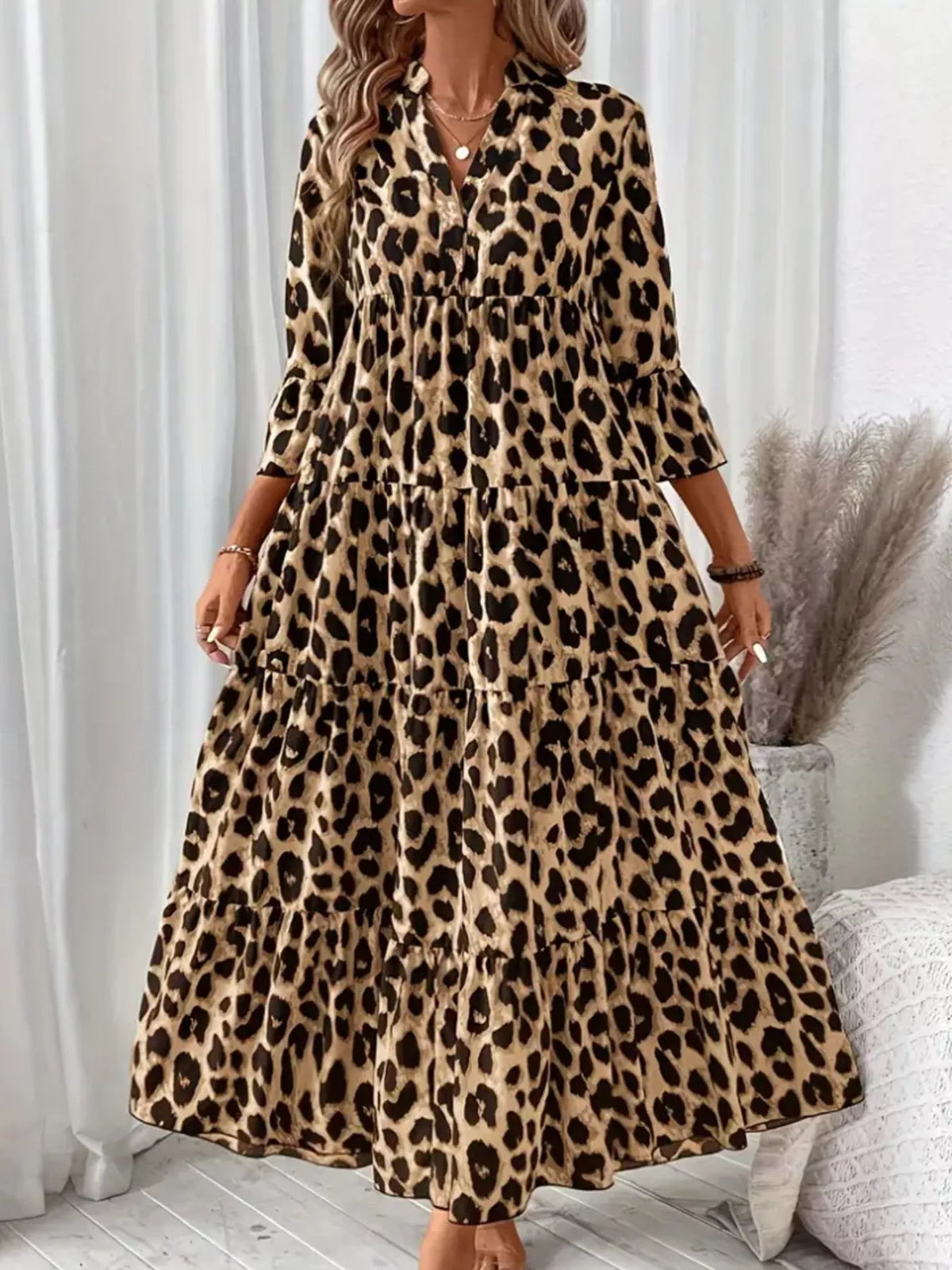 Leopard 3/4 Sleeve Ruched Midi Dress – photo 3