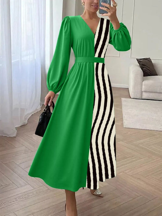 Color Block Striped Long Sleeve Belted Midi Dress