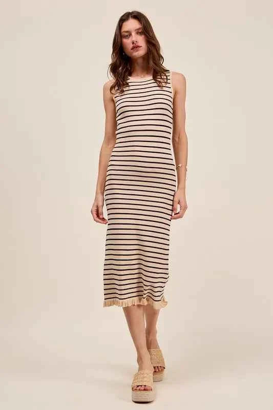 SO ME Stripe Sleeveless Sweater Knit Maxi Dress With Ruffled Hem