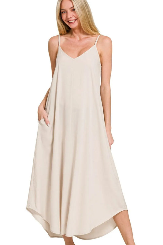Woven Arc Hem Cami Dress with Flowy Pockets in Sand Beige