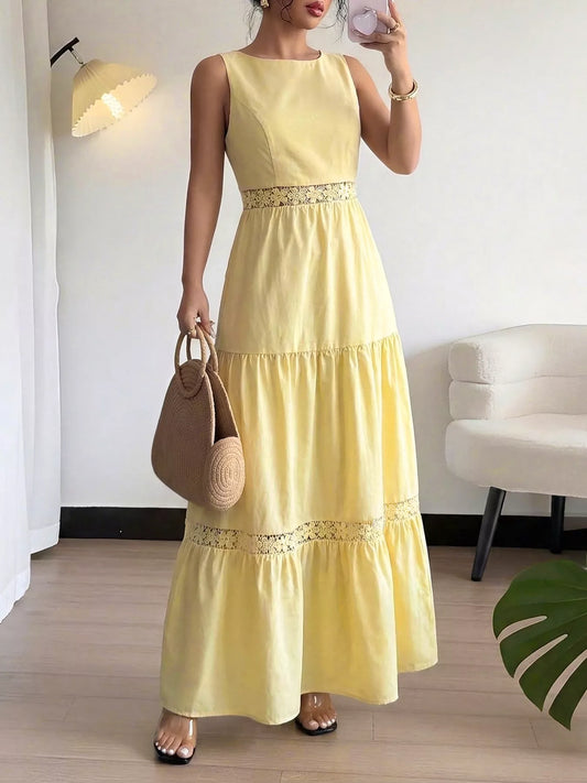 Lace Trim Sleeveless Tiered Maxi Dress with Cutout