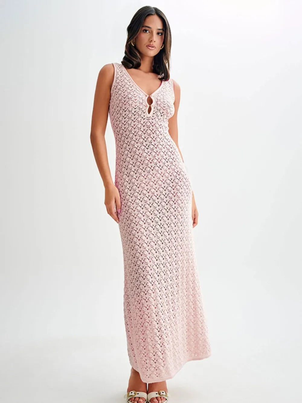 Openwork Sleeveless Maxi Dress closeup — Livostyle