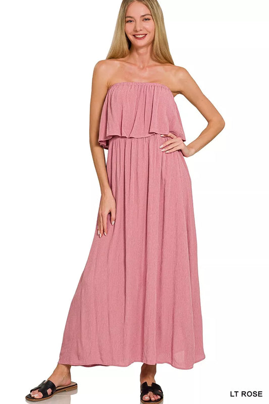 Strapless Woven Crinkle Maxi Dress in Lt Rose