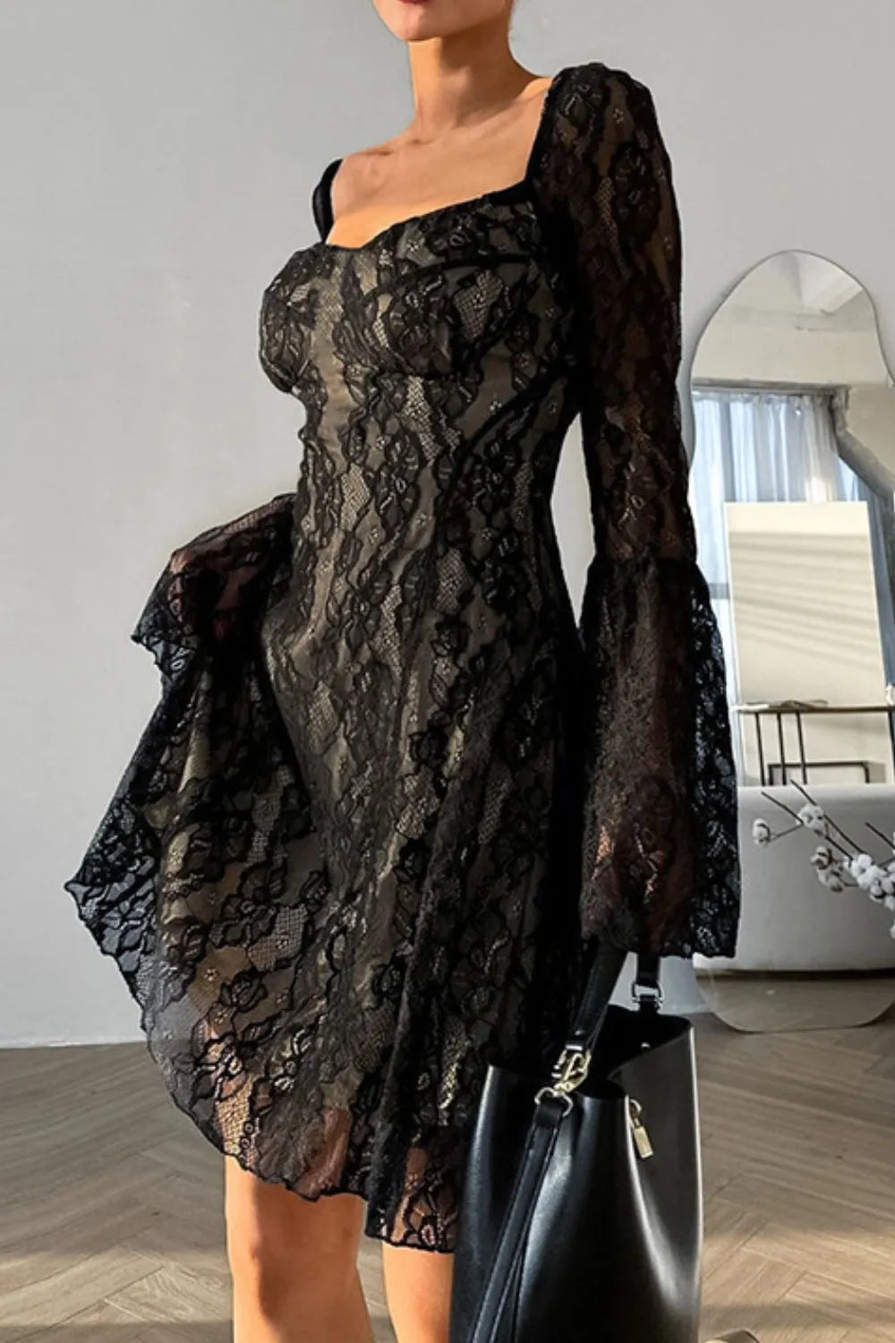 Lace Sweetheart Neck Flare Sleeve Mini Dress styling — Livostyle