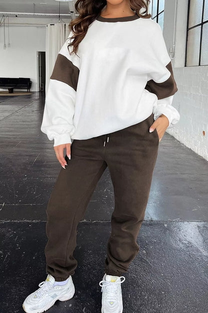 Drop Shoulder Loose Sweatshirt and Joggers Active Set in Chocolate