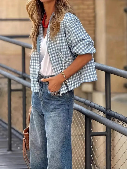 Plaid Zip Up Long Sleeve Jacket closeup — Livostyle