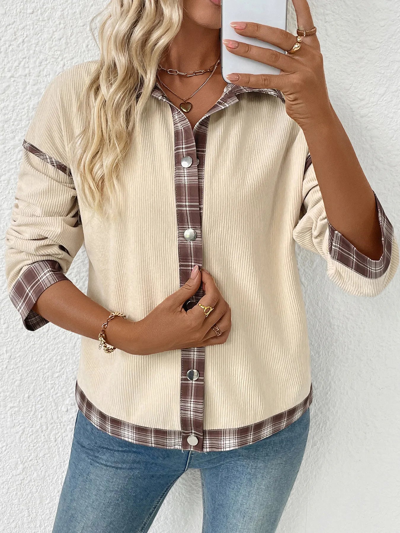 Plaid Hem Button Up Long Sleeve Shacket styling — Livostyle