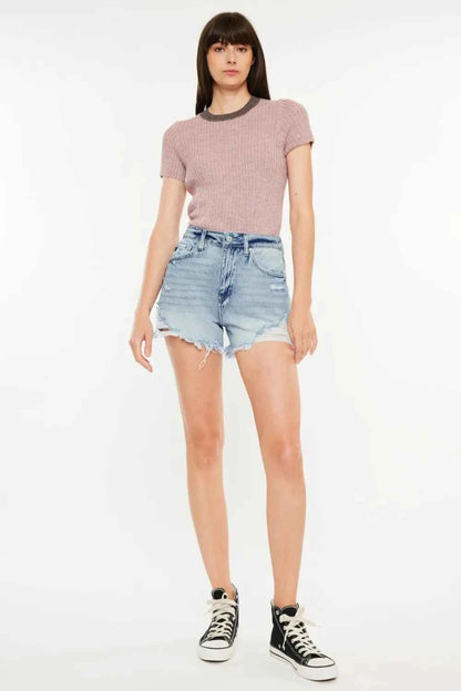 Distressed High Waist Denim Shorts with Pockets in Medium