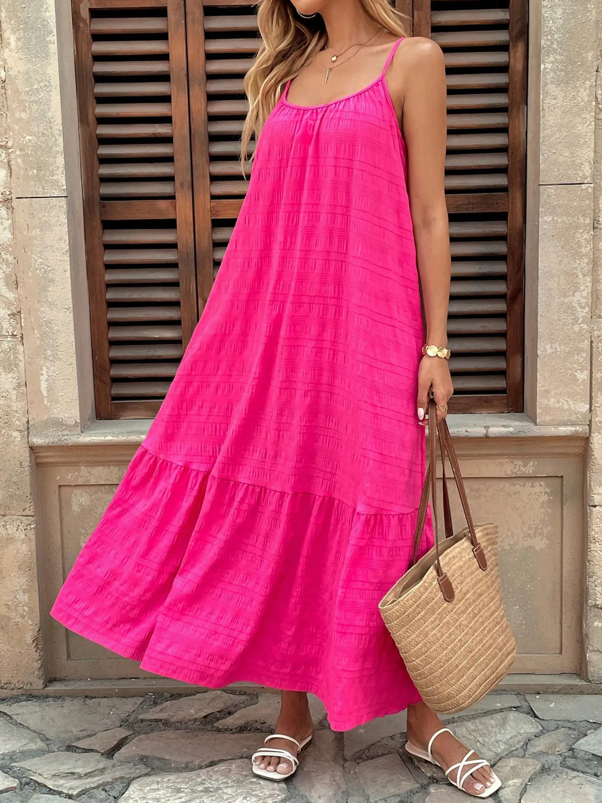 Scoop Neck Cami Maxi Dress with Ruffled Tiers