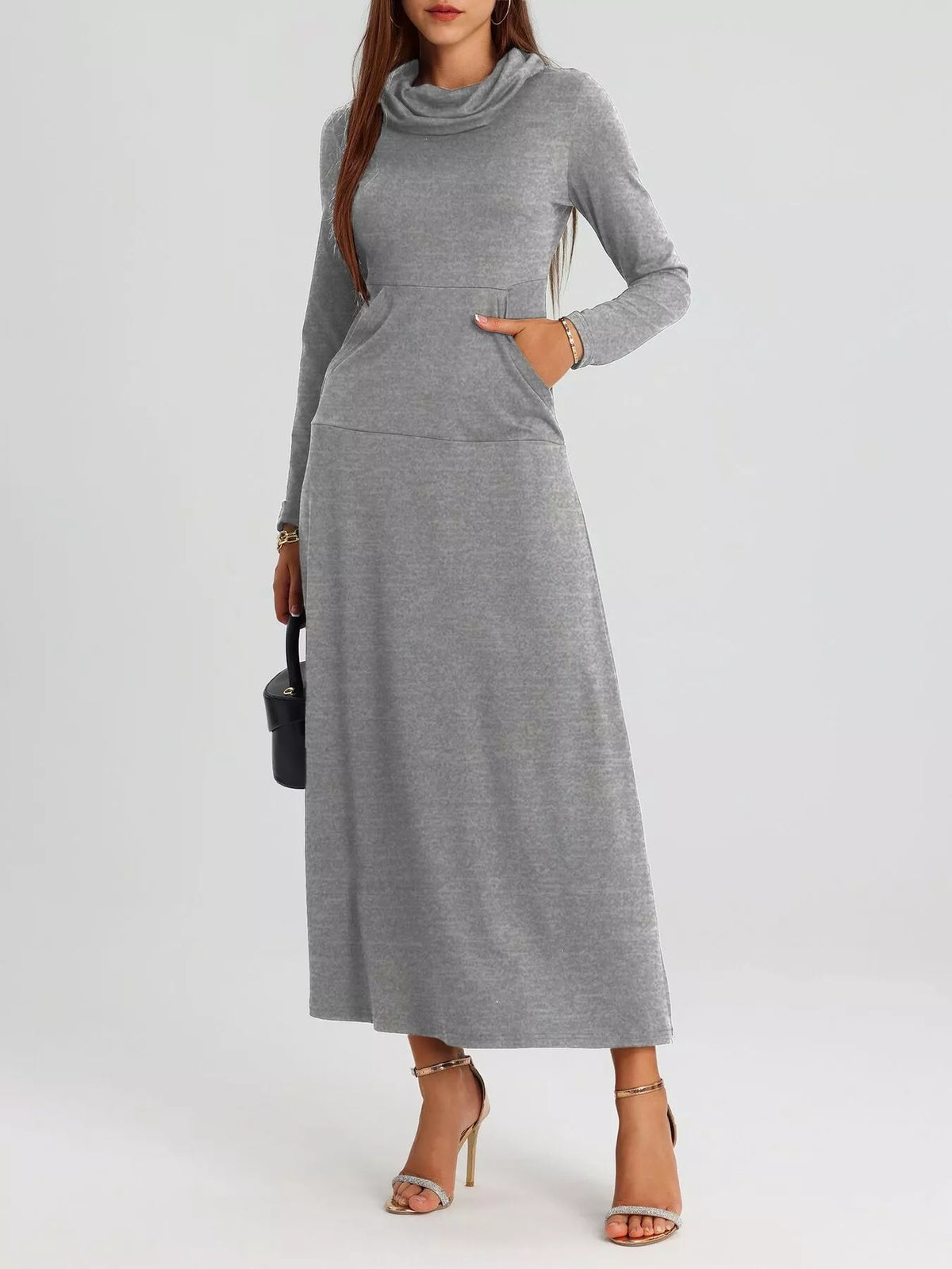 Cowl Neck Long Sleeve Midi Dress with Pockets in Gray