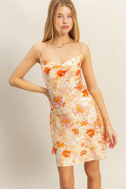 Chic Satin Mini Dress with Floral Print & Cowl Neck — Livostyle