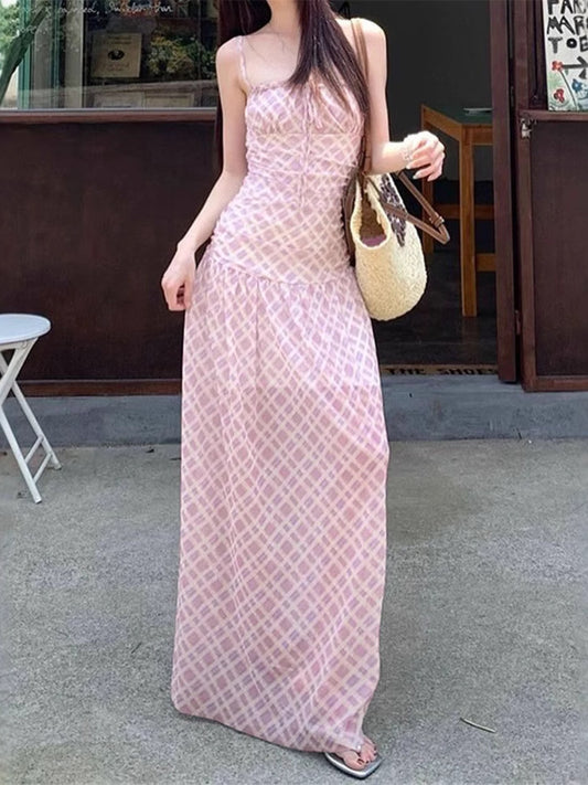 Plaid Spaghetti Strap Maxi Dress with Ruched Detail in Pink