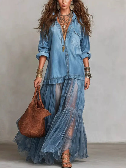 Long Sleeve Sheer Ruffle Maxi Dress in Light Blue