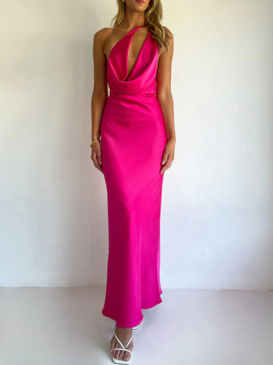 Halter Neck Ruched Tie Satin Maxi Dress