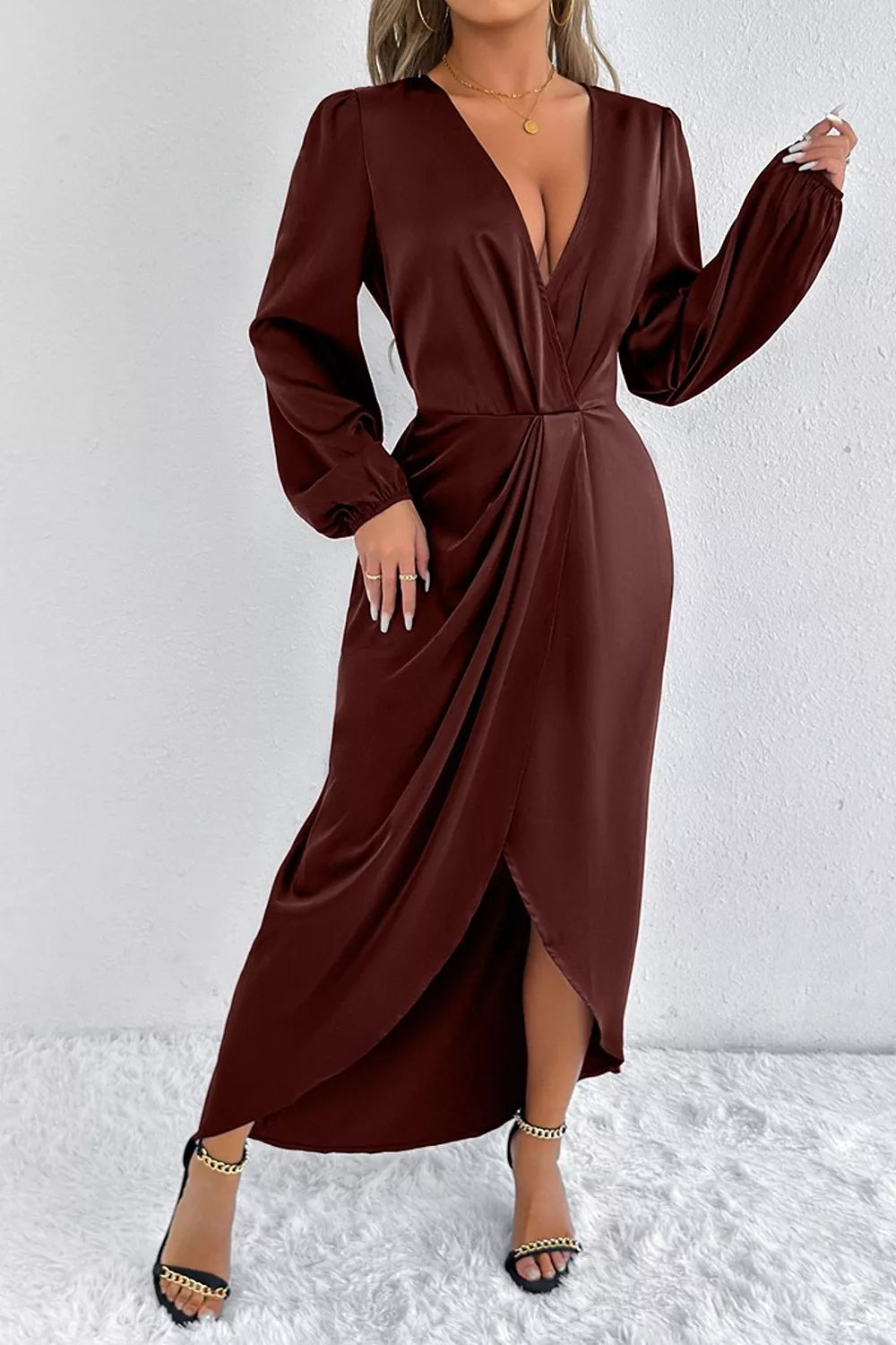 Satin Balloon Sleeve Midi Dress with Slit in Coffee Brown
