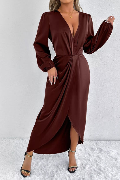 Satin Balloon Sleeve Midi Dress with Slit in Coffee Brown
