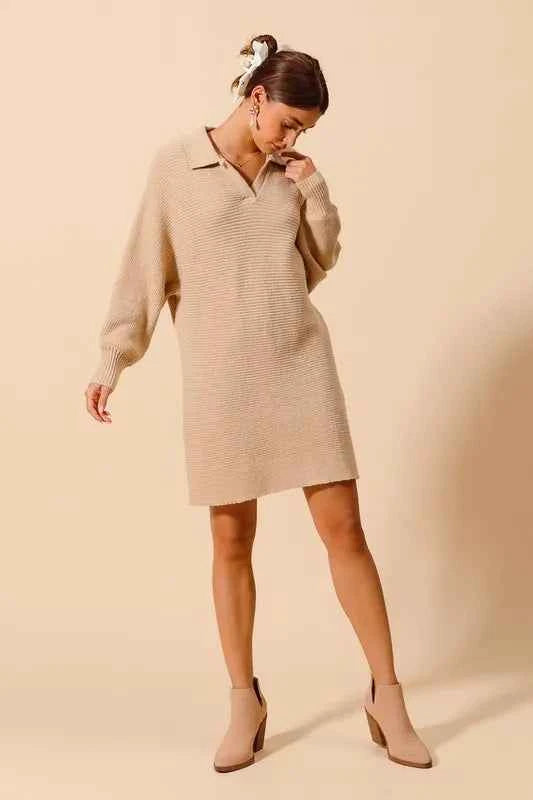 SO ME Ribbed Knit Collar Neck Dress