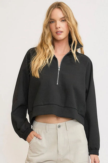 Half Zip Cropped Sweatshirt in Black — Livostyle