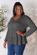 Chic Half-Button Long Sleeve Blouse with Ruffle Hem — Livostyle