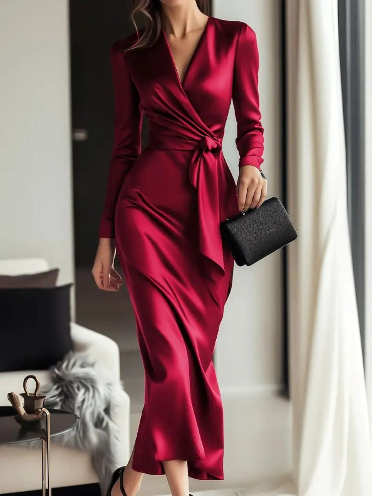 Satin Tie Waist Long Sleeve Dress in Scarlet