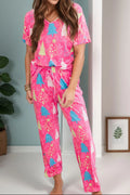 Printed V-Neck Short Sleeve Top and Pants Lounge Set — Livostyle