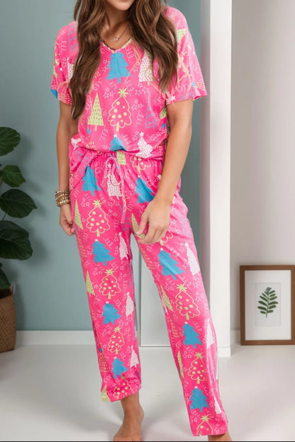 Printed V-Neck Short Sleeve Top and Pants Lounge Set — Livostyle
