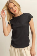 Elegant Textured Knit Top with Round Neck & Cap Sleeves — Livostyle