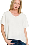 Ribbed V-Neck Short-Sleeve Knit Top in Off White — Livostyle