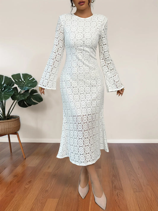 Lace Long Sleeve Midi Dress with Zipper in White