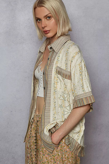 Printed Button Down Patchwork Short Sleeve Shirt styling — Livostyle