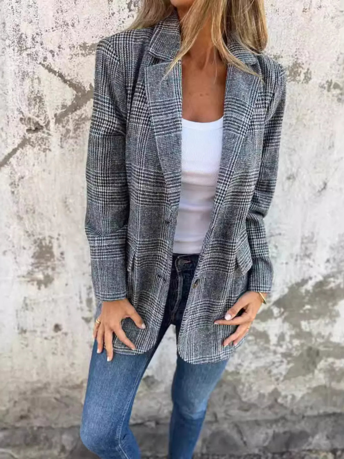 Full Size Plaid Single-Breasted Long Sleeve Blazer Plus Size back view — Livostyle