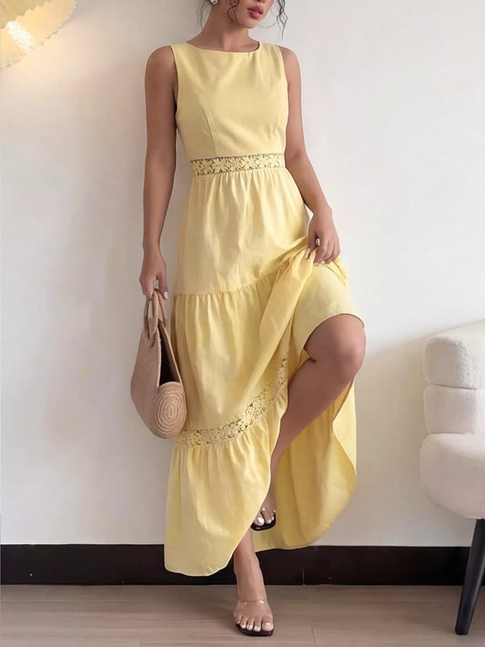 Lace Trim Sleeveless Tiered Maxi Dress with Cutout in Yellow