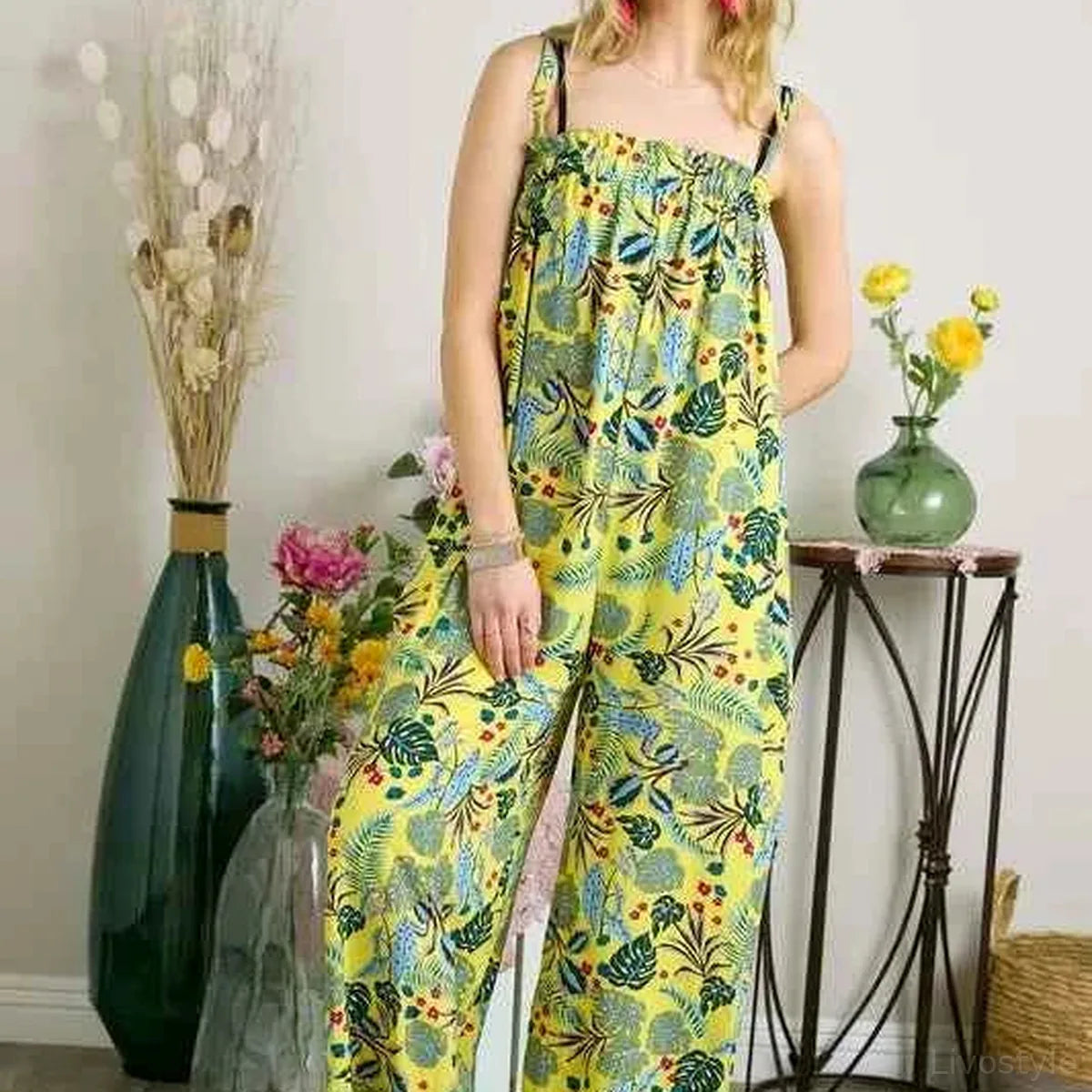 Elastic Detail Tropical Jumpsuit — square view — Livostyle