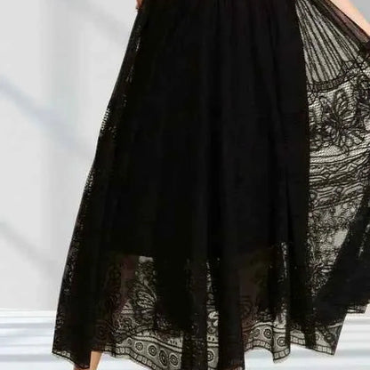 Elastic Waist Raw Hem Lace Maxi Skirt — square view — Livostyle