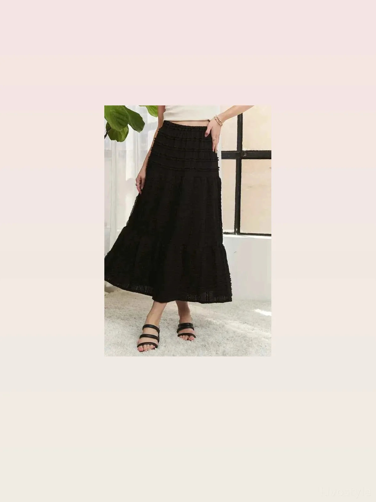Elastic Waistband Tiered Midi Skirt in BLACK — styled showcase — Livostyle