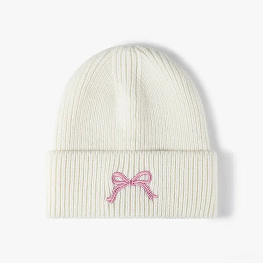 Embroidered Bow Knit Hat — square view — Livostyle