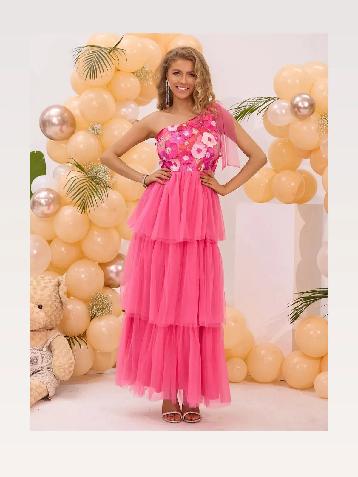 Chic Embroidered Single Shoulder Midi Dress with Layered Des — styled showcase — Livostyle