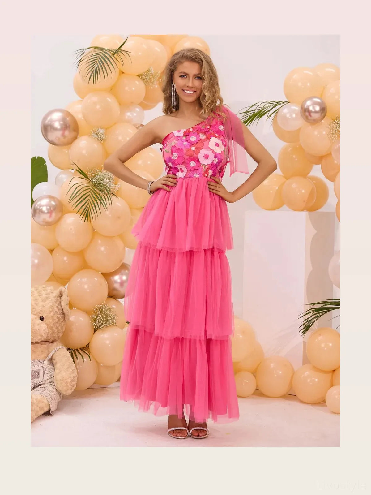 Chic Embroidered Single Shoulder Midi Dress with Layered Des — styled showcase — Livostyle