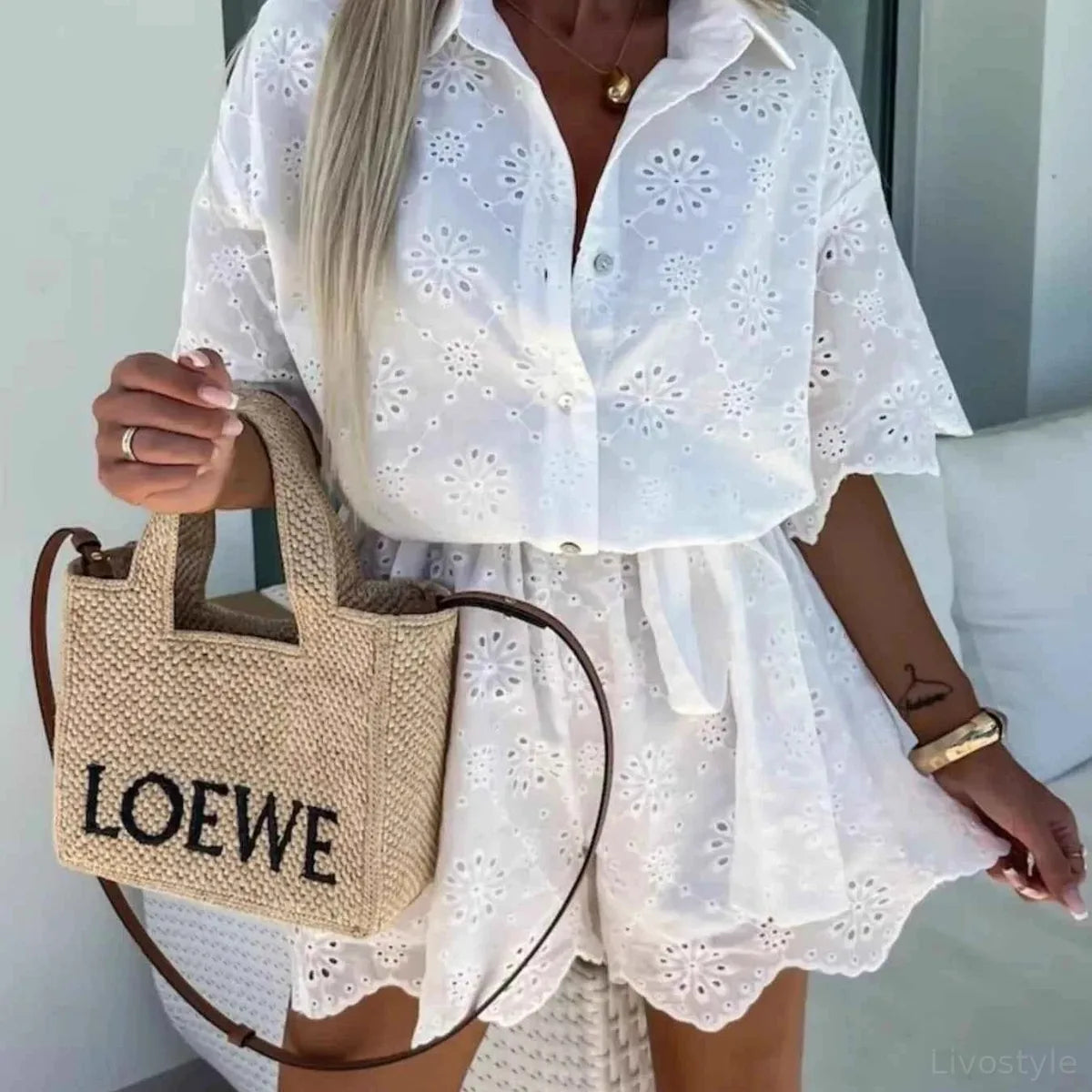 Eyelet Lace Button-Up Romper — square view — Livostyle