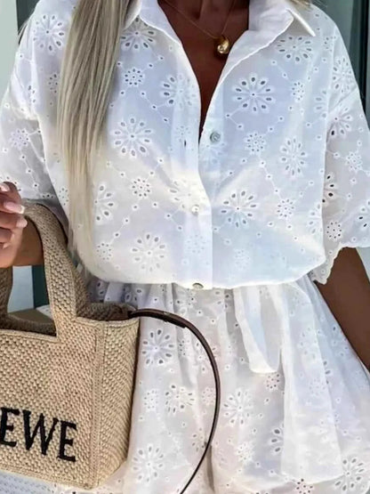 Eyelet Lace Button-Up Romper — detail view — Livostyle
