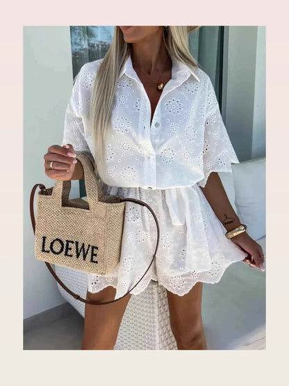 Eyelet Lace Button-Up Romper — styled showcase — Livostyle