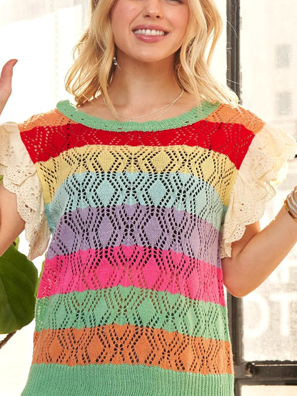 Stylish Crochet Top with Eyelet Sleeves & Multicolor Design — detail view — Livostyle