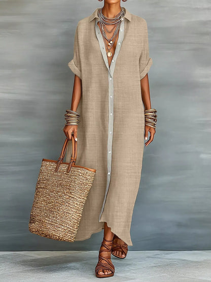 Casual Linen Shirt Dress with Button-Down Front in Beige
