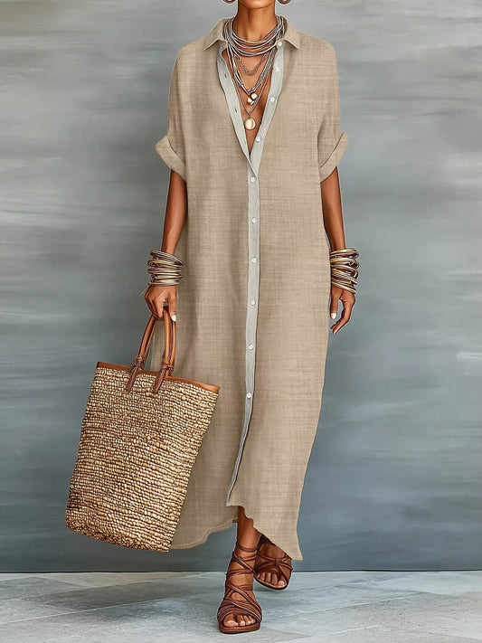 Casual Linen Shirt Dress with Button-Down Front in Beige