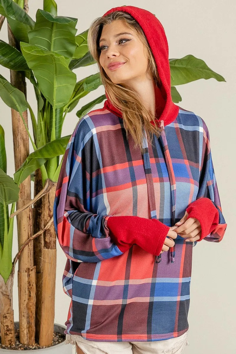 Plaid Mirr Brushed Rib Contrast Thumb Open Hoodie closeup — Livostyle