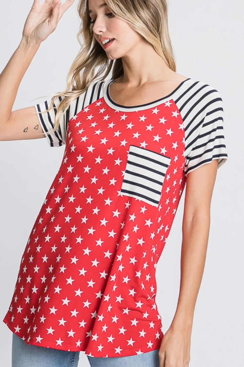 Full Size Star & Striped Round Neck Short Sleeve T-Shirt Plus Size detail — Livostyle