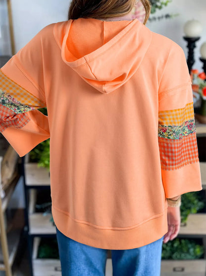Plaid Floral Patchwork Kangaroo Pocket Hoodie detail — Livostyle