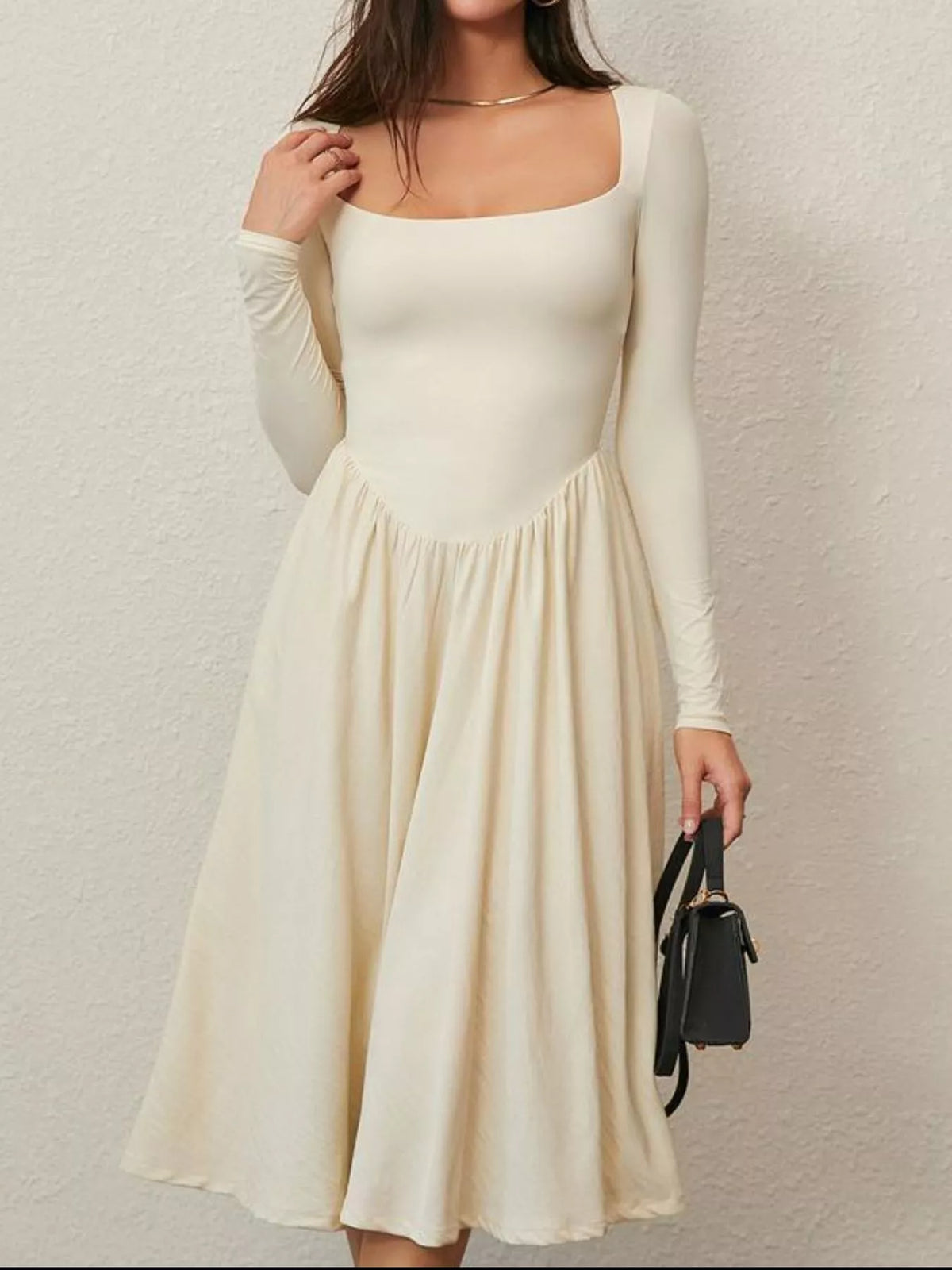 Square Neck Long Sleeve Midi Dress in Cotton Blend in Beige