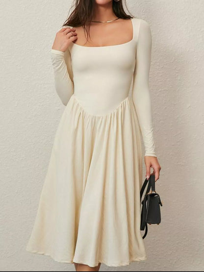 Square Neck Long Sleeve Midi Dress in Cotton Blend in Beige